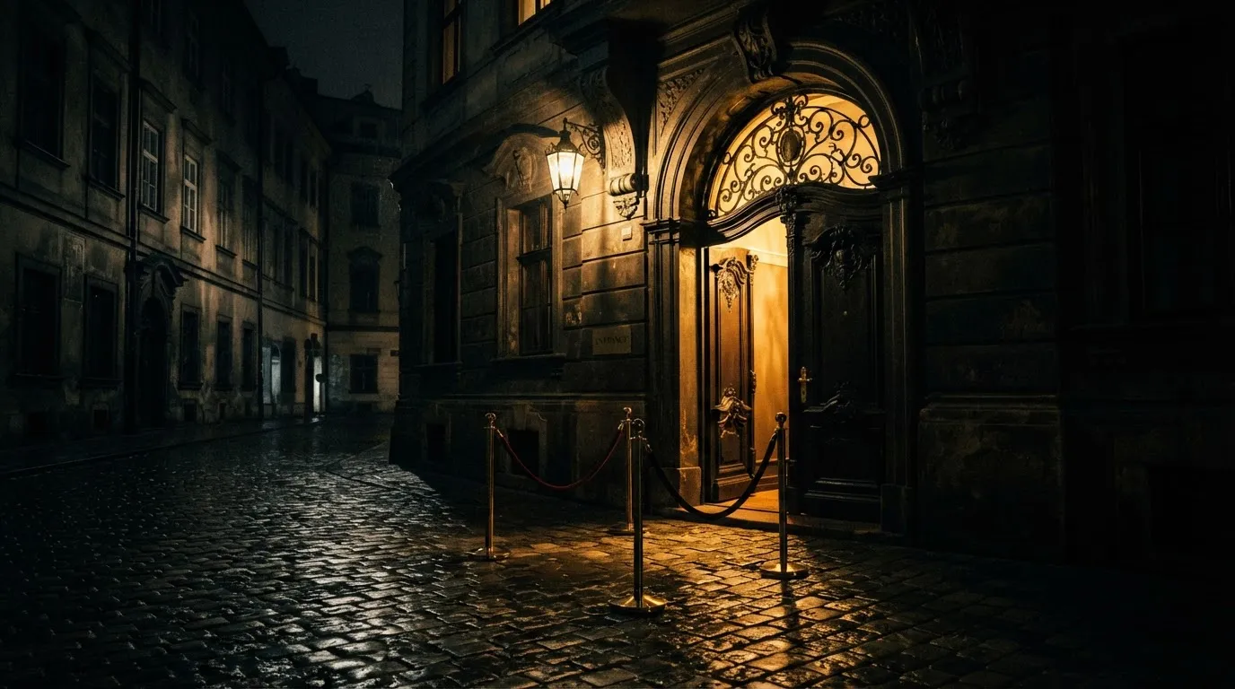 Główne wejście do klubu Black Rooms nocą w ciepłym złotym świetle