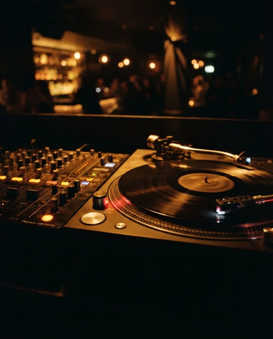 Zbliżenie na gramofon DJ-ski z kręcącą się płytą winylową w ciepłym bursztynowym świetle